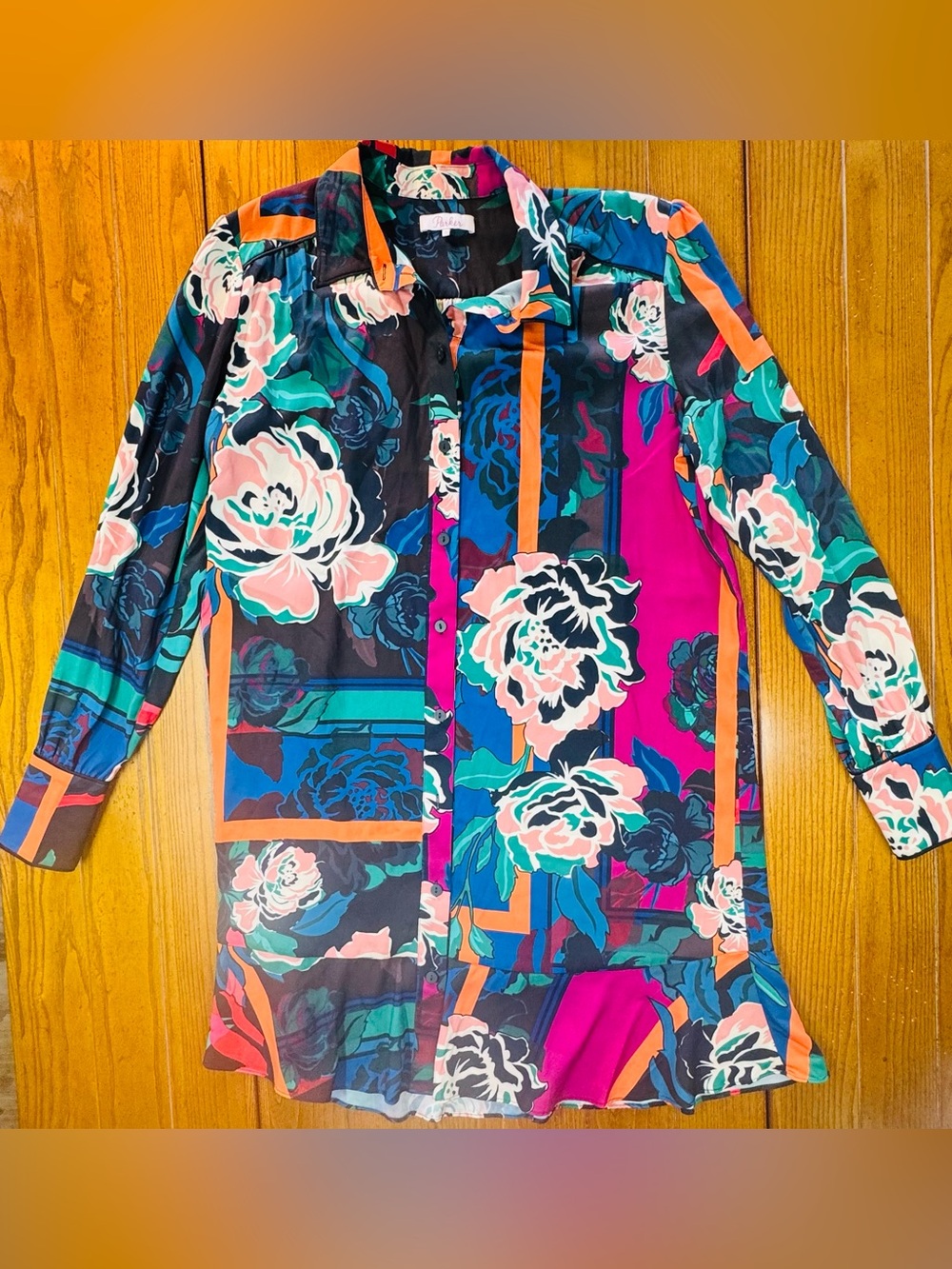 Parker Silky Floral Shirt Dress — Multicolor, Size L